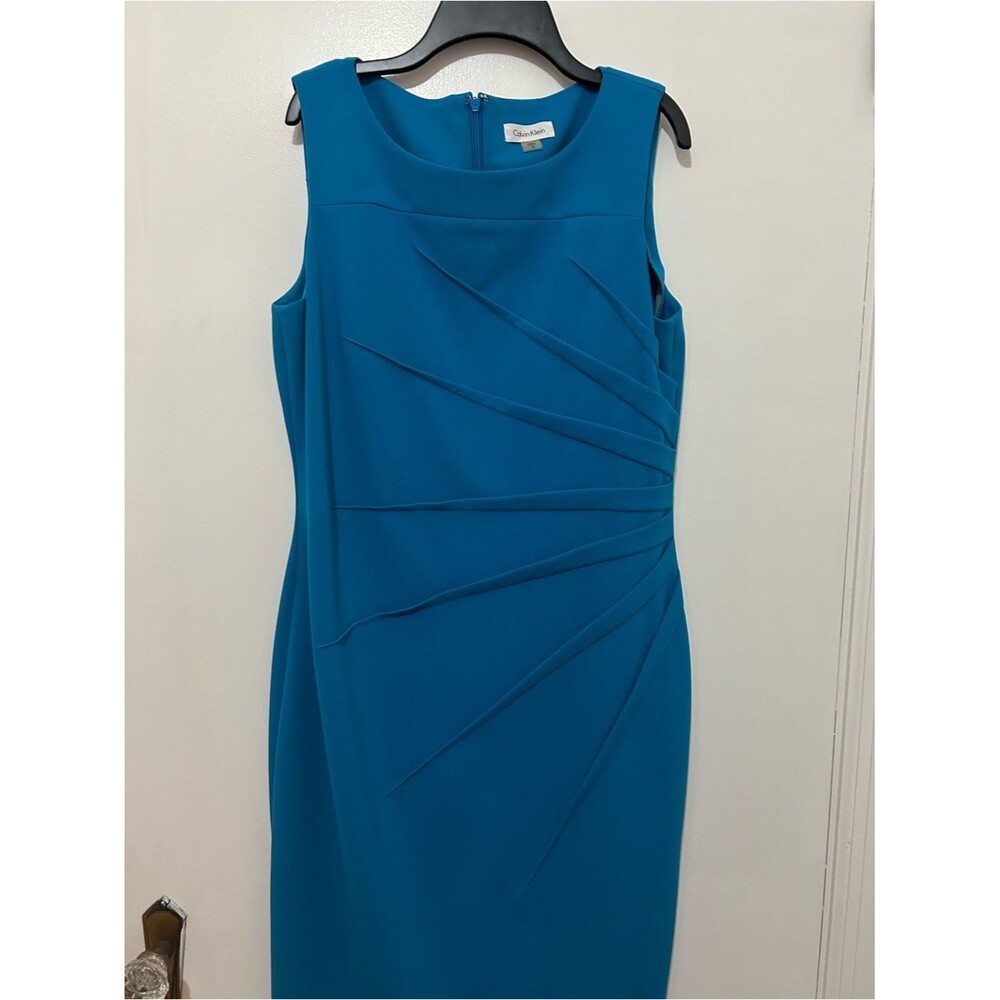 Calvin Klein Teal Midi Sheath Dress with Radiating Pleats